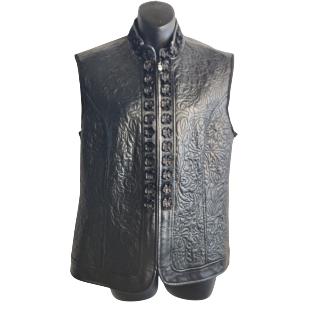Nygard Collection Leather Knit Jacket Black Floral Rayon Nylon Knit Zip Vest M